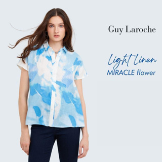 Guy Laroche เสื้อสีฟ้า เสื้อเชิ้ตแขนเลยผ้าลินินลายพิมพ์ โทนสีฟ้า (GAF8BU)