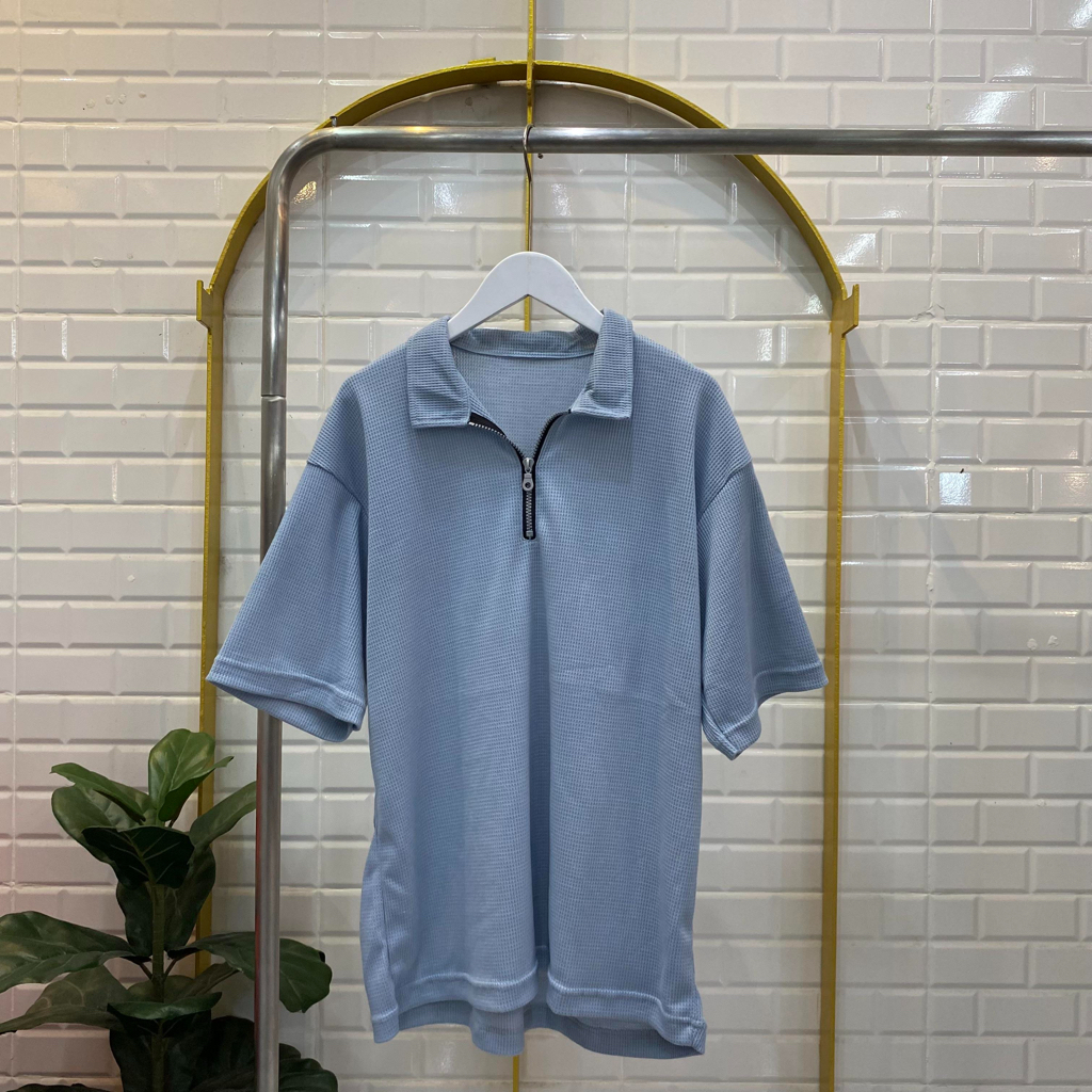 ameboy-เสื้อโปโลซิปแขนสั้นผ้าวาฟเฟิลนุ่ม-ใส่ได้ชายหญิง