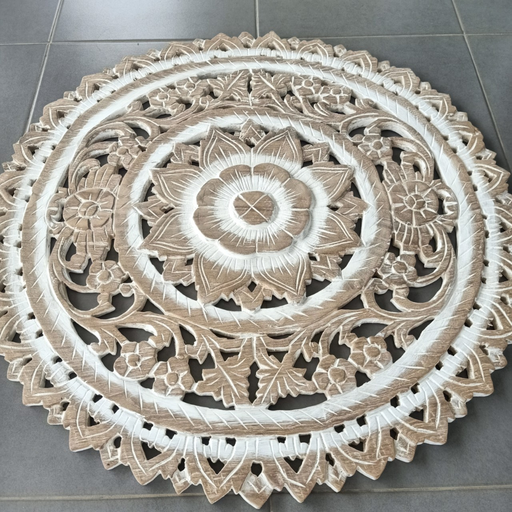 งานไม้-แผ่นไม้แกะสลัก-ทำจากไม้สัก-ทำสีขาวขัด-ขนาด-60-ซม-teak-wood-carving-60cm