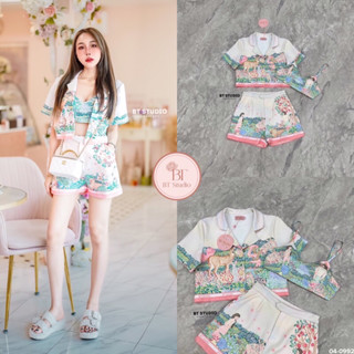ชุดเซ็ต3ชิ้น เสื้อเกาะอกพร้อมเสื้อเชิ้ต+กางเกงขาสั้นผ้าพิมพ์ลาย CODE : 04-0992 ชุดไปทะเล งานป้ายbt