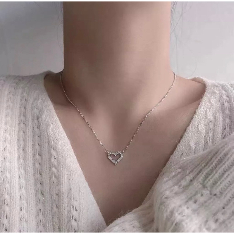 lovely-necklace-stainless-steel-สร้อยคอจี้หัวใจเพชรสีเงินสแตนเลสงานไม่ลอกไม่ดำ-โดนน้ำโดนเหงื่อได้