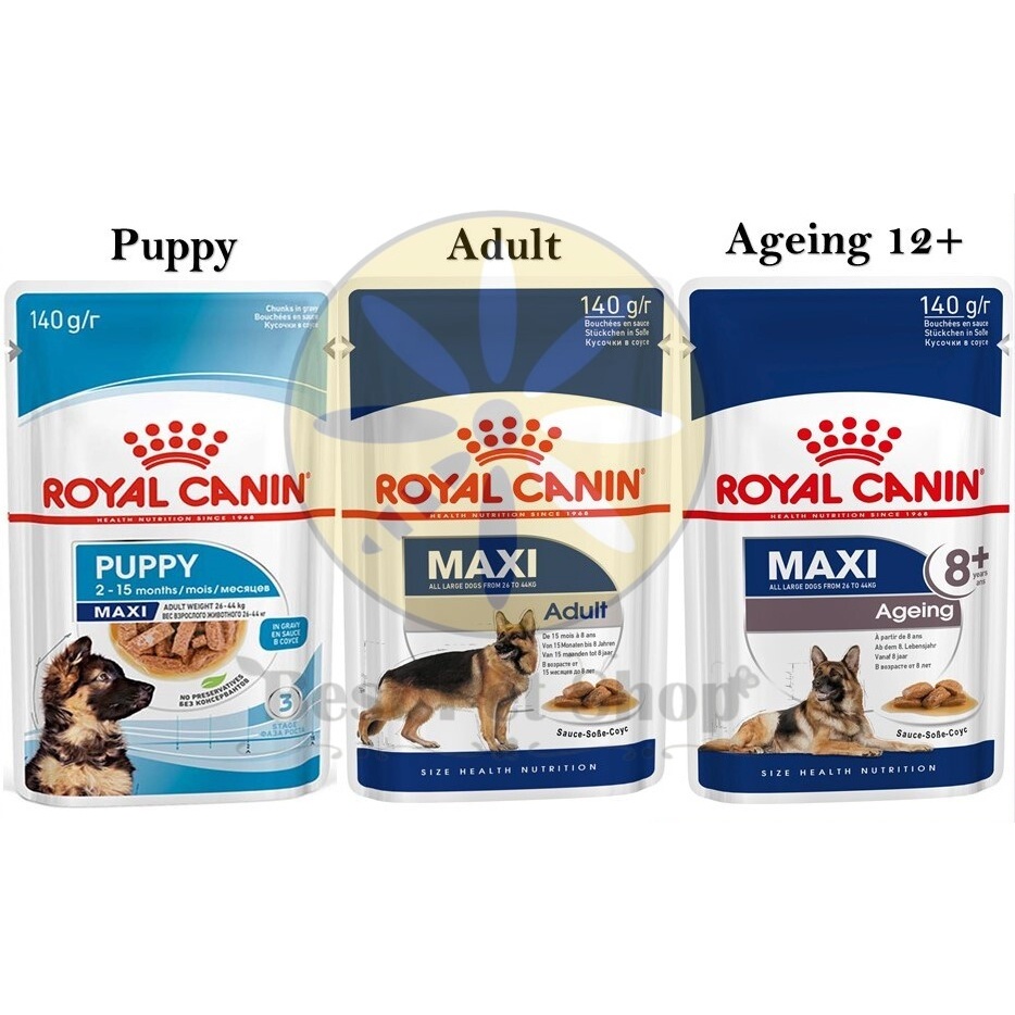 ยกกล่อง-10-ซอง-royal-canin-dog-maxi-pouch-140-g-อาหารเปียกสำหรับลูกสุนัข-สุนัขโต-สุนัขสูงวัย-8-พันธุ์ใหญ่