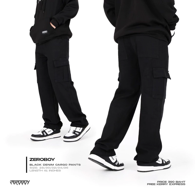ZEROBOY - BLACK DENIM CARGO PANTS  กางเกงยีนส์ทรงคาร์โก้สีดำ