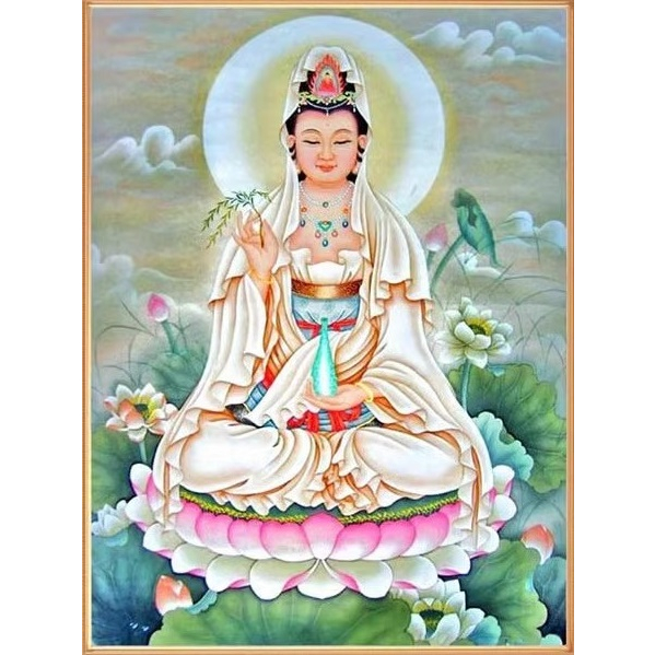 ชุดปักครอสติชพิมพ์ลาย-เจ้าแม่กวนอิม-ดอกบัว-guanyin-cross-stitch-kit