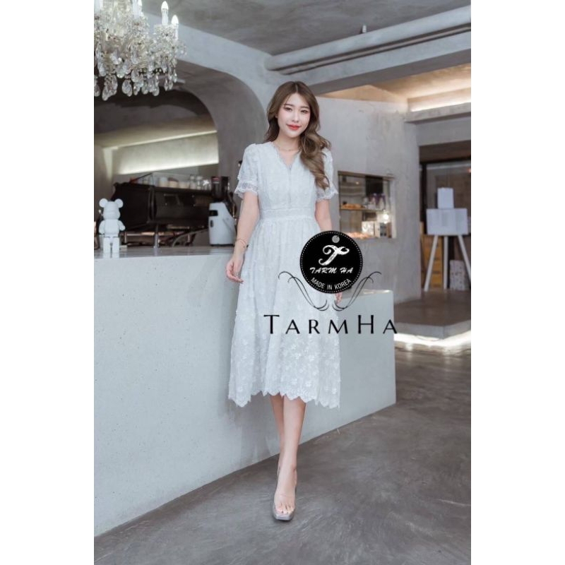 3dรับงานบุญ-s-2xl-dress-เดรสสีขาวปักดอกไม้3มิติแขนพอง-งานป้าย-tarm-ha