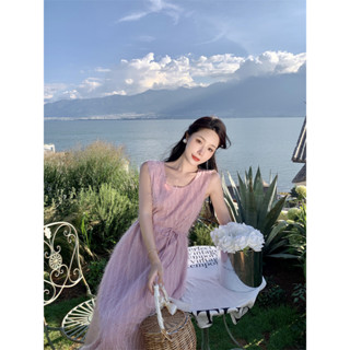 พร้อมส่ง เดรสยาว เดรสคอกลม สีชมพู สไตล์เกาหลี แต่งขนมิ้ง สวยมาก เดรสคุณหนู