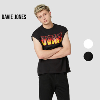 DAVIE JONES เสื้อยืดโอเวอร์ไซส์ แขนกุด พิมพ์ลาย สีขาว สีดำ Logo Print Oversized Sleeveless T-Shirt in black LG0058WH BK
