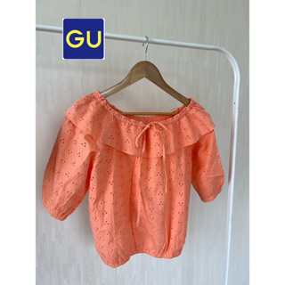 GU x cotton x L  ปักฉลุ สวยมาก เนื้อผ้าใหม่ สีโอโรสสวย  เอวจั้ม แขนจั้ม อก 40 ยาว 21 size L ❌ตำนิเลอะด้านหน้า code: 306