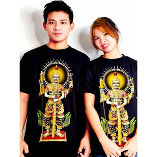 เสื้อยืด  ลายท้าวเวาสุวรรณ สีดำ  คอกลม สำหรับ ผู้ชาย-ผู้หญิง (ลายไทย) ลายหนุมาน เนื้อผ้าคอตตอนแท้100%