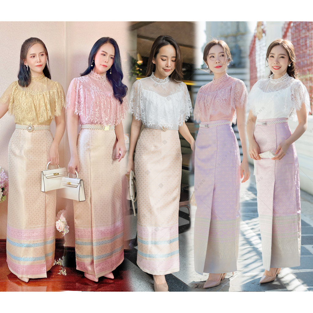 ชุดไทยประยุกต์-ใส่ทำบุญ-สีขาว-สีชมพู-สีทอง-สีครีม-s-xxl