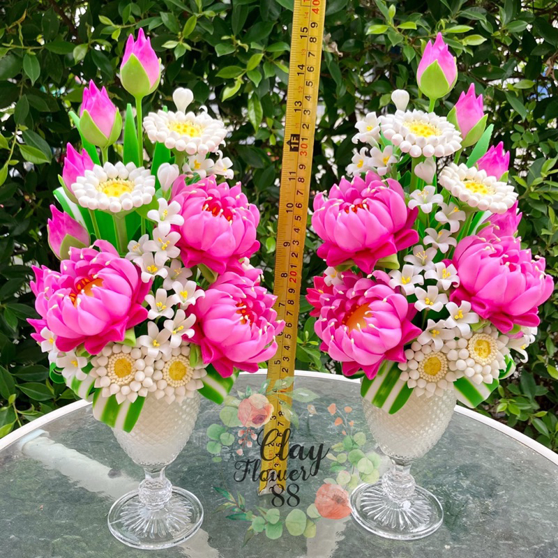 ชุดคู่-แจกัน-ดอกบัวประดิษฐ์-ดอกไม้ไหว้พระ-ดอกบัวปลอม-ดอกบัวไหว้พระ-ดอกไม้ดินปั้น-จาก-ดินไทย-15-นิ้ว