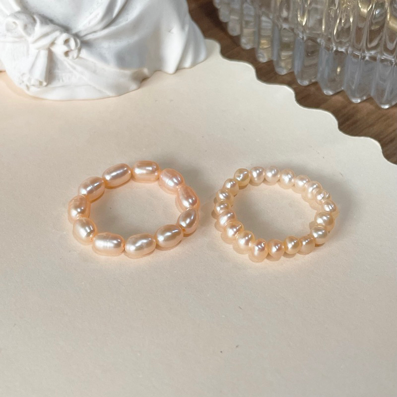 แหวนไข่มุกแท้-สีโอรส-มุกน้ำจืด-เอ็นยืด-แหวนมุกแท้-ขนาดตามสั่ง-genuine-orange-freshwater-pearl-elastic-ring-custom-size