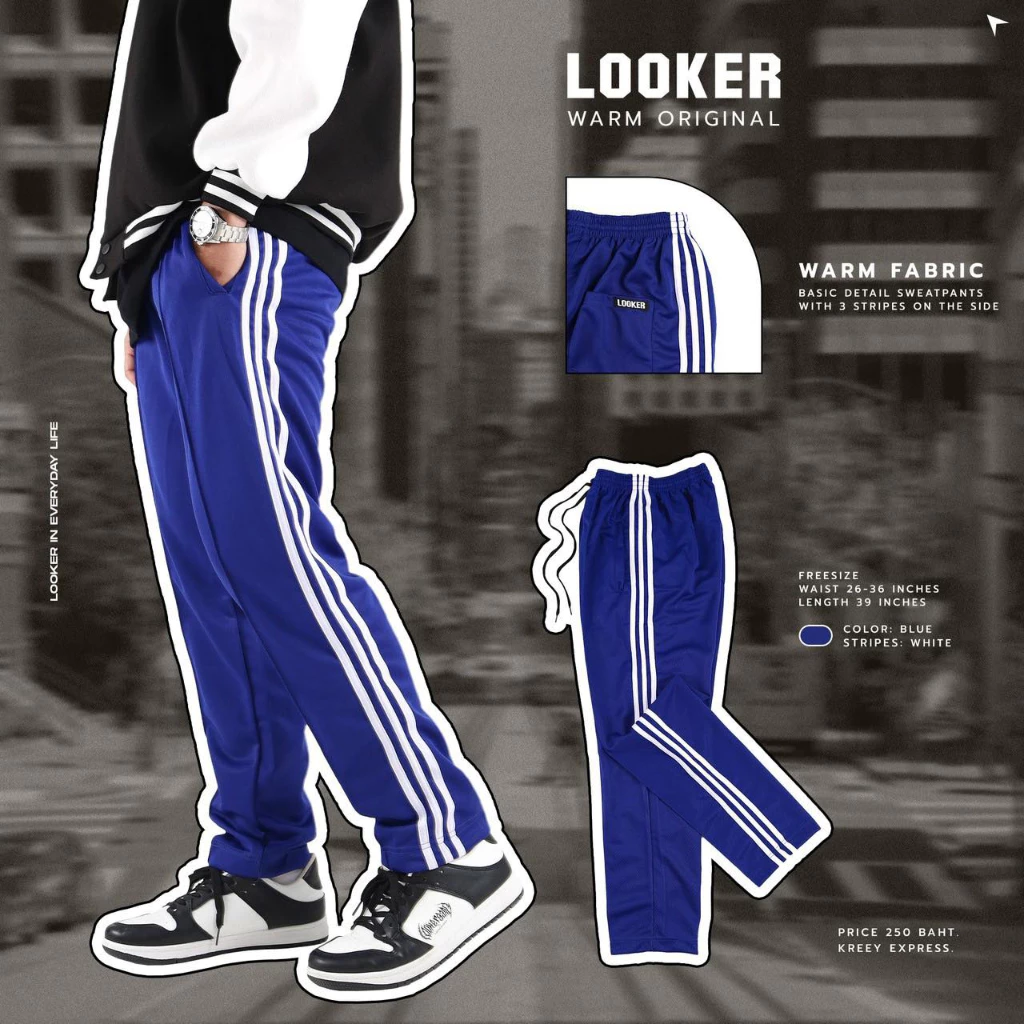 LOOKER - กางเกงขายาว กางเกงวอร์มขายาวรุ่นสามแถบ สีดำ สีขาว สีแดง สีเหลือง สีน้ำเงิน สีชมพู สีม่วง สีส้ม สีเขียวไมโล https://wayoza.com