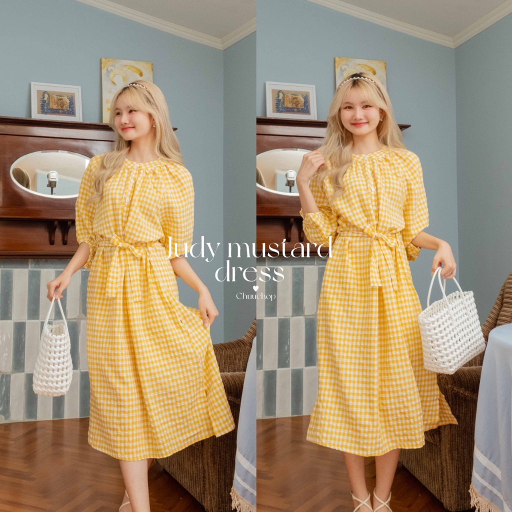 รูปภาพสินค้าแรกของCHUUCHOP_พร้อมส่ง(C2166) Judy mustard dress ชุดเดรสยาวลายสก็อตสีเหลือง แต่งผูกเอว