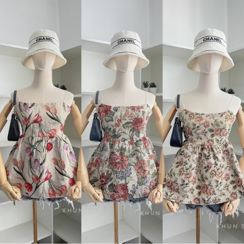 khun-studio-เสื้อสายเดี่ยวผูกหลังผ้าทอ-ลายดอกไม้-สายสปาเกตตี้-ภาพงานจริง-เสื้อผ้าผู้หญิง