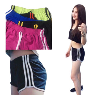 [ 5.5 ]  กางเกงขาสั้นผู้หญิง  ทรงสปอร์ต Gym Shorts แถบสี 3 แถบ เอวยืดได้เยอะ ใส่วิ่ง นอน ออกกำลังกาย สบายมาก