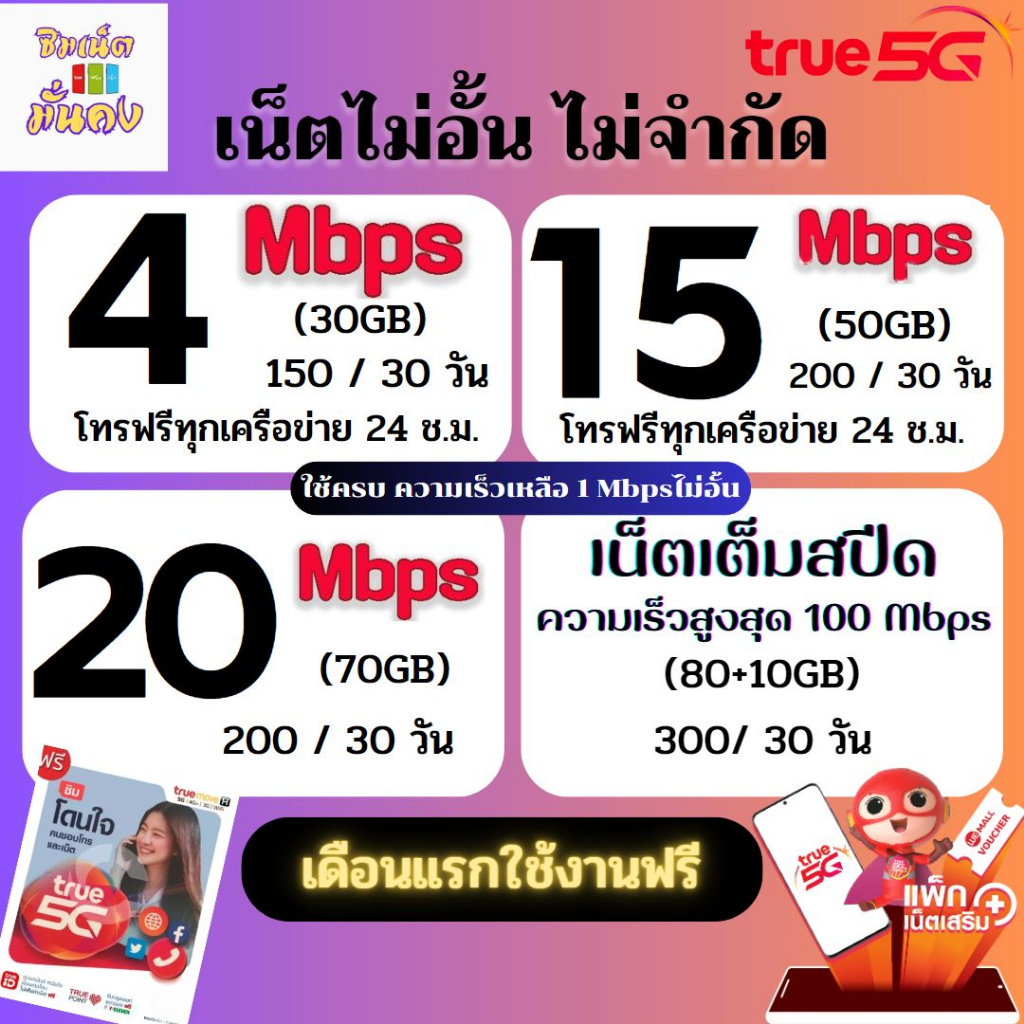 รูปภาพสินค้าแรกของซิมเทพทรู เน็ตความเร็ว 4 - 20 Mbps ไม่อั้น ไม่จำกัด + โทรฟรีทุกเครือข่าย + Wifi + True id 30 วัน เดือนแรกใช้งานฟรี