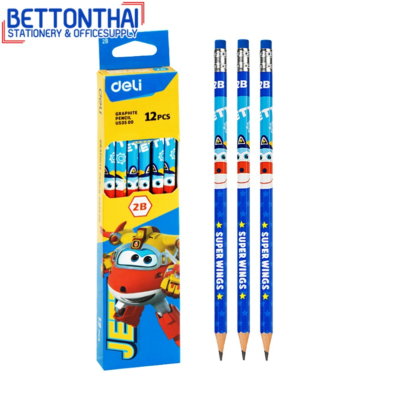 deli-u53500-graphite-pencil-super-wing-ดินสอไม้-2b-ลายซุปเปอร์วิงส์-แพ็คกล่อง-12-แท่ง-คละสี-ดินสอ-ดินสอ2b-schoo