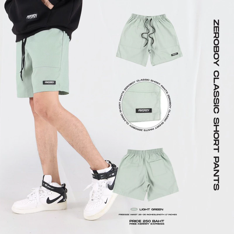 ZEROBOY - กางเกงขาสั้นวินเทจ เอวยางยืด สีขาว สีครีม สีเขียวมิ้นท์ สีเทาอ่อน สีกรม สีดำ https://wayoza.com