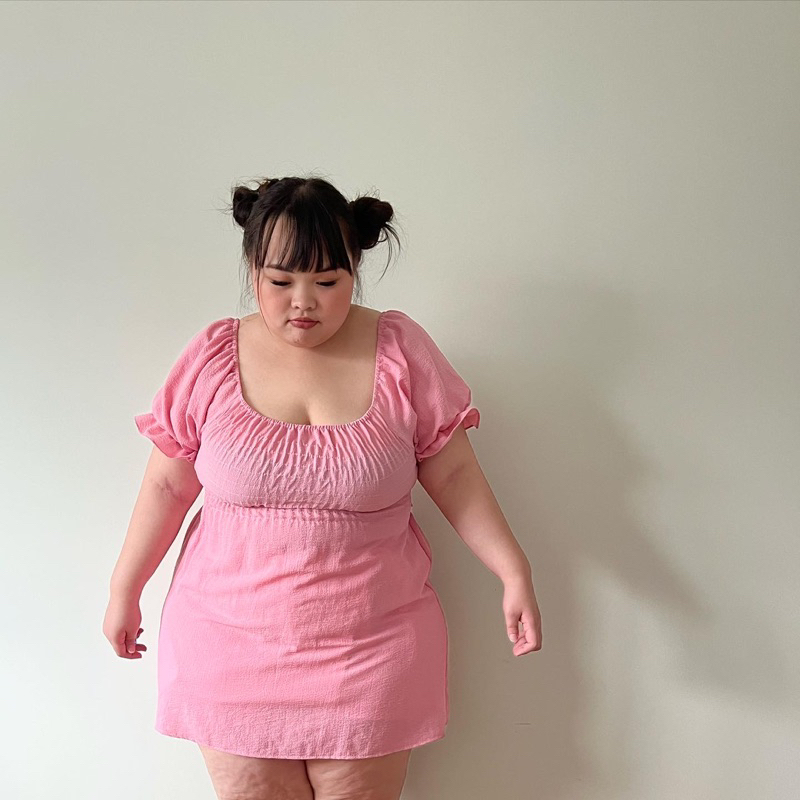pinkky-dress-เดรสกึ่งเสื้อไซต์ใหญ่-เดรสสีชมพูสาวอวบ