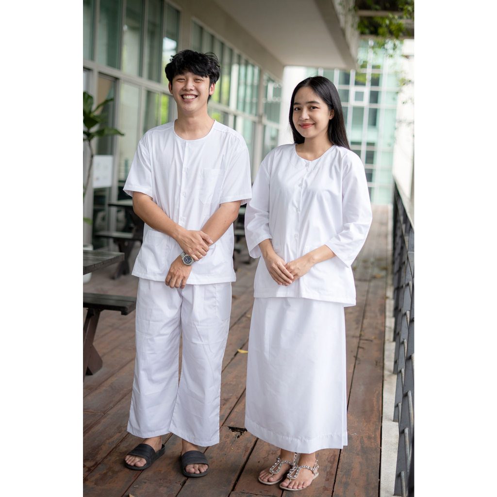ชุดขาวปฏิบัติธรรม Unisex ผ้าหนาไม่บาง ใส่สบาย ไม่ร้อน ขายแยกเสื้อกางเกง มุมมองที่ 4
