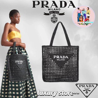 ปราด้า กระเป๋า Prada raffia/ กระเป๋าสุภาพสตรี/กระเป๋าสะพายข้าง/สไตล์ล่าสุด