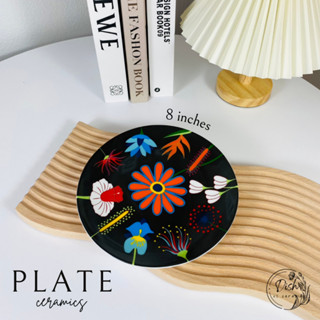 Black Blooming flower -plate จาน จานลายดอกไม้สีดำ จานเซรามิค จานขนาด 8นิ้ว