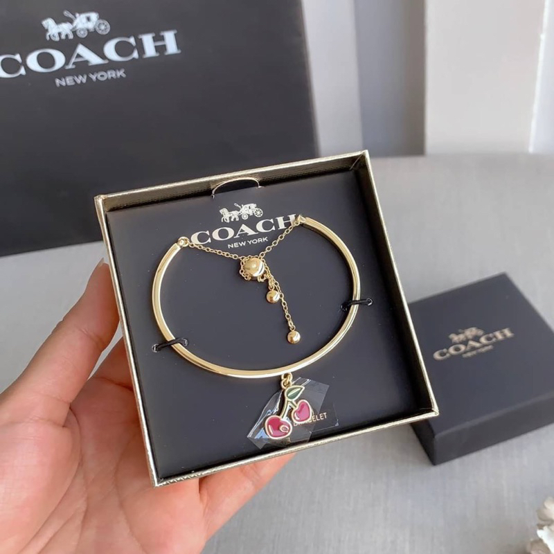 กำไล-สีทอง-เชอรี่-coach-cg085-heart-cherry-slider-bracelet-กำไลข้อมือ-สีทองชมพู-plated-brass-enamel