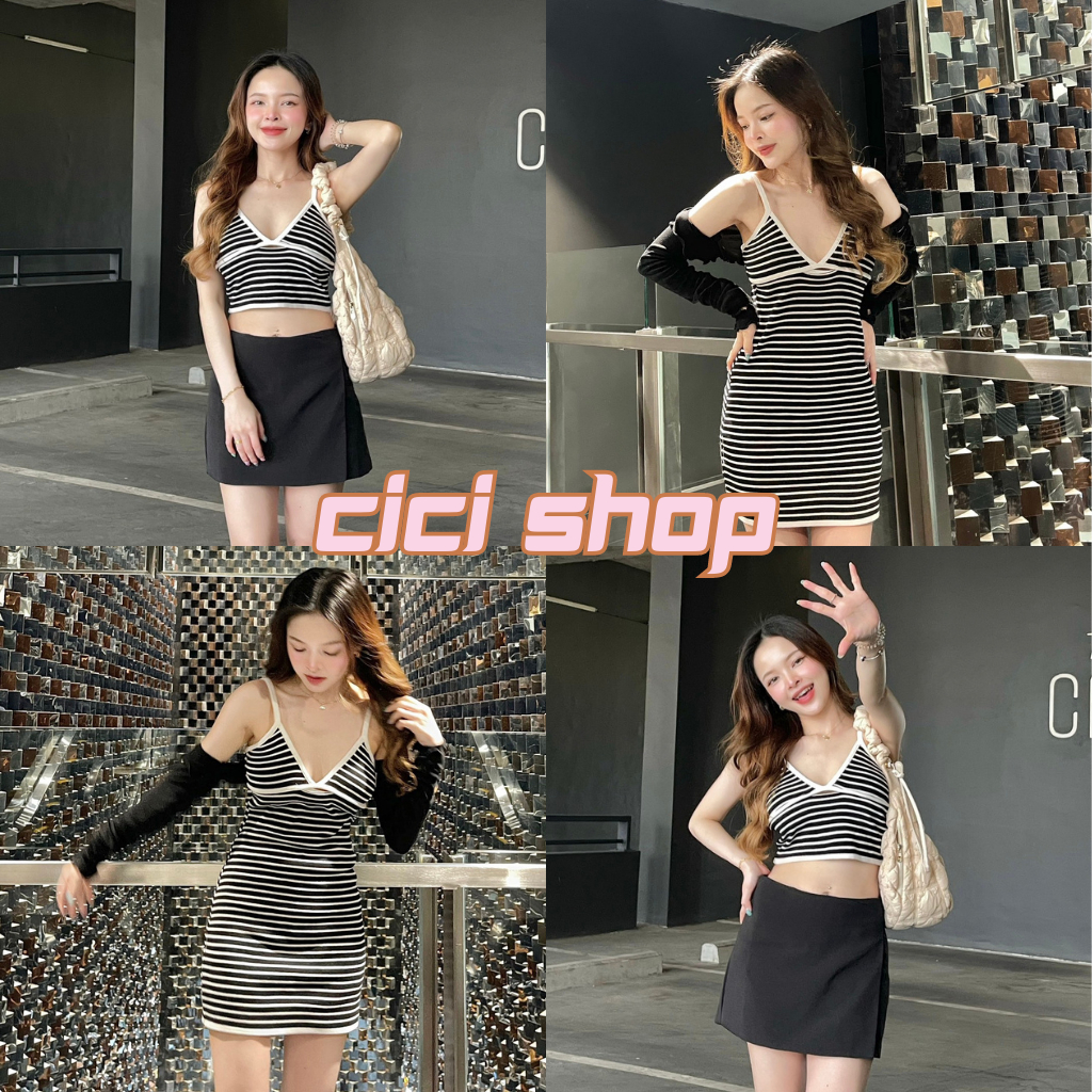 cicishop-m887-1-m887-strips-tops-dress-สายเดี่ยว-เดรสไหมพรมลายทางขอบขาว-ทรงสวยสไตล์สาวแซ่บ
