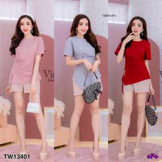 TW13401 Set เสื้อชายแหลมเฉียง เอวจับจีบๆ+กางเกงขาสั้น