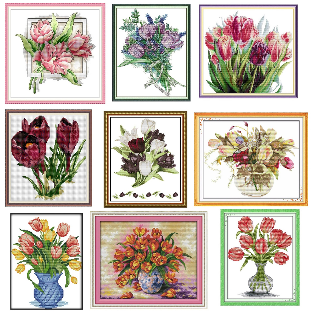 ครอสติชพิมพ์ลาย-ดอกไม้-ทิวลิป-แจกันดอกไม้-tulip-flower-vase-cross-stitch-kit
