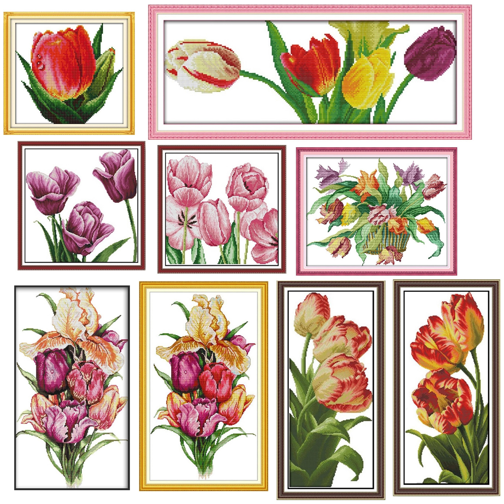 ครอสติชพิมพ์ลาย-ดอกไม้-ทิวลิป-แจกันดอกไม้-tulip-flower-vase-cross-stitch-kit
