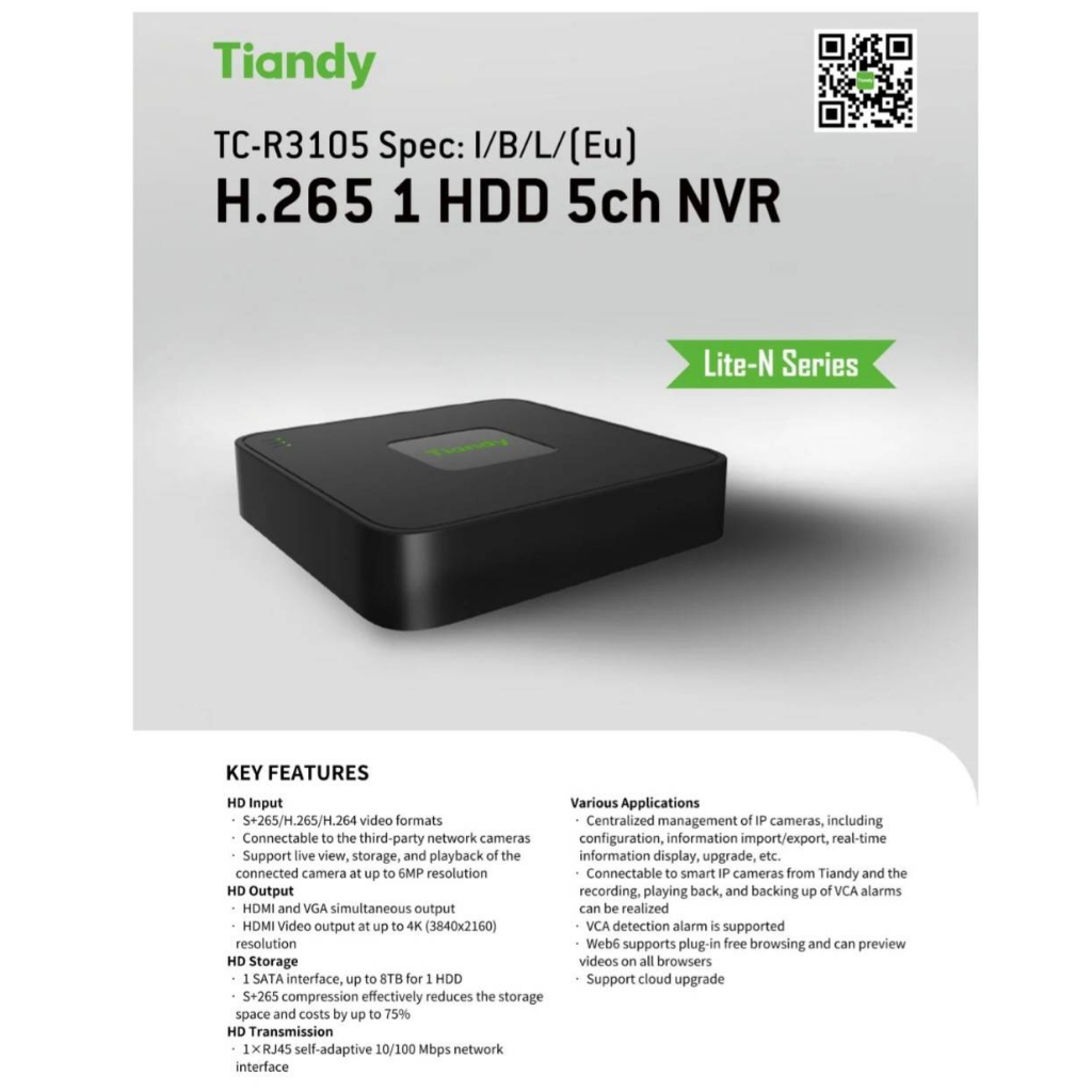 TIANDY TC-R3105 (BLACK) NVR5CH.+POE | Shopee Thailand
