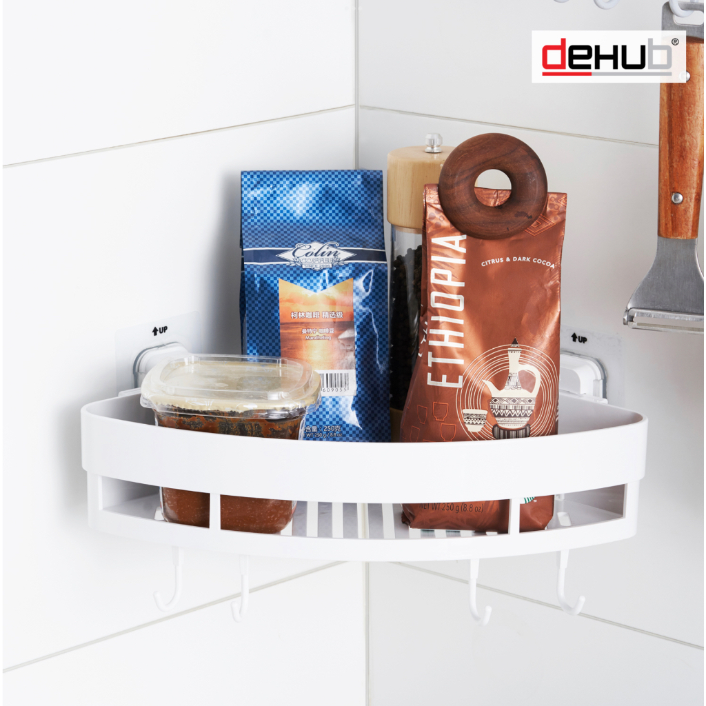 dehub-vacuum-pad-ชั้นวางของในห้องน้ำ-ห้องครัว-ไม่ต้องเจาะผนัง-แผ่นกาว-สูญญากาศ-vacuum-pad-corner-shelf-250-with-hook