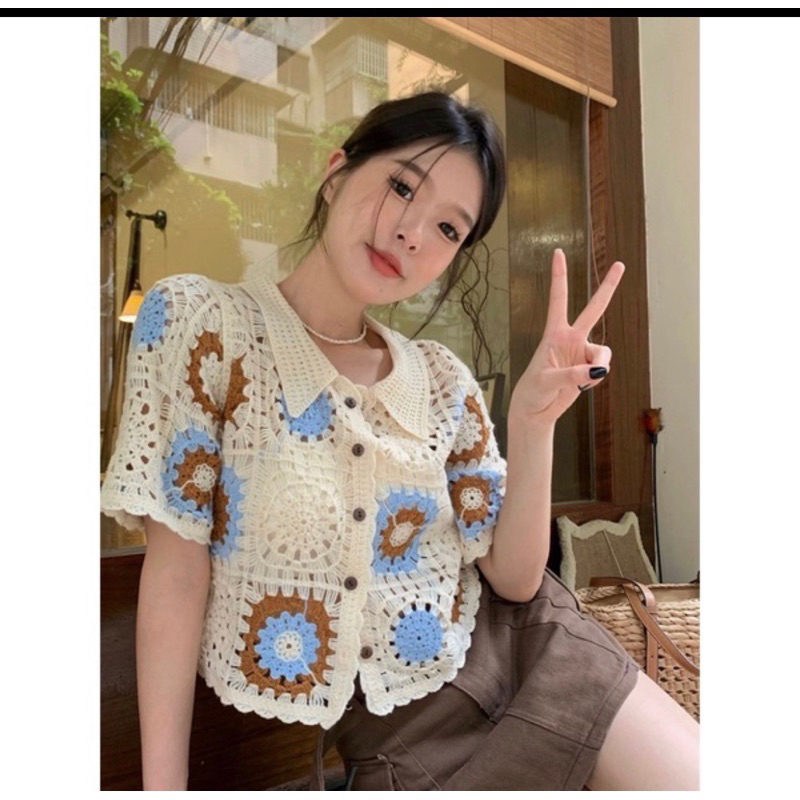 (สินค้าใหม่) เสื้อครอปถักโครเช เสื้อไหมพรมถักลูกไม้ สไตล์เกาหลี ...