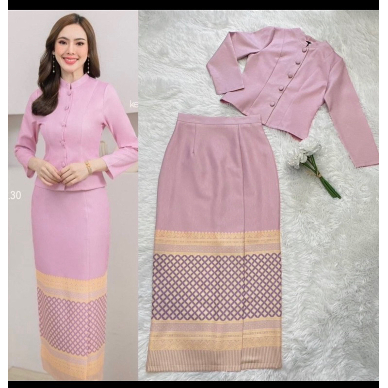 ชุดไทยจิตรลดาสีม่วง ผ้าอัดกาว พรางพุง สวยหรู ใส่สบาย งานบุญ งานแต่ง ไซส์ S-4XL มุมมองที่ 6
