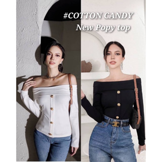 #COTTON CANDY 🍭เสื้อแขนยาวกระดุมทองทรงปาดไหล่ New Popy top