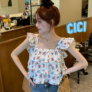 Cici(NO.WK916)เสื้อครอปสายเดี่ยว ดีเทลอกแต่งสม๊อกรอบตัวดีเทลระบายเป็นชั้นๆตัวลายสีสันสดใส วัยรุ่นชอบ