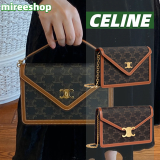 🍒เซลีน Celine กระเป๋าสตางค์พร้อมสายโซ่ TRIOMPHE CANVAS ผลิตจากผ้าแคนวาสทรียงฟ์และหนังลูกวัว/WALLET CHAIN BAG