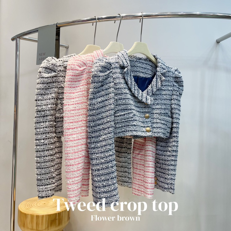 tweed-crop-blazer-เบลเซอร์ครอปผ้าทวิตแขนยก-flower-brown