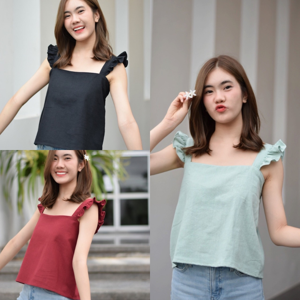 เสื้อแขนกุดระบาย-คอเหลี่ยม-ระบาย-ผ้าฝ้าย-สีพื้น-มินิมอล