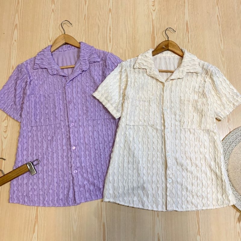 สอบถามก่อนชำระเงิน-เสื้อเชิ้ตคอปกแขนสั้นติดกระดุมหน้าเนื้อผ้าสาหร่ายนิ่มใส่สบายทรงสวยน่ารักมาก