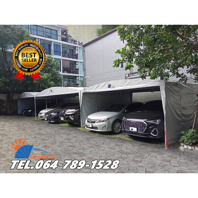 โรงจอดรถสำเร็จรูป-carsbrella-รุ่น-twin-a-สําหรับรถยนต์ขนาดเล็ก-กลาง-สามารถจอดรถได้-2-3-คัน-ป้องกันเแสงแดด