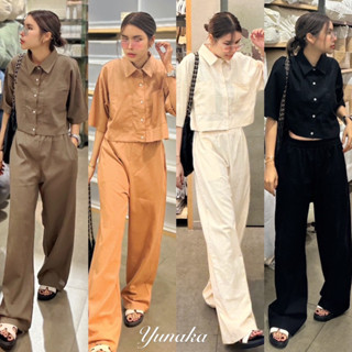 ! Oversized Crop Shirt Set  เซทเชิ้ตครอปแขนสั้น ทรง oversize แต่งกระเป๋าคู่ช่วงอก มาพร้อมกางเกงขายาวทรงกระบอก