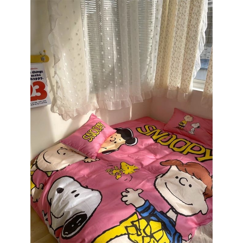 ผ้าปูที่นอน-ผ้าฝ้าย-100-ลาย-snoopy-สีชมพูวินเทจ