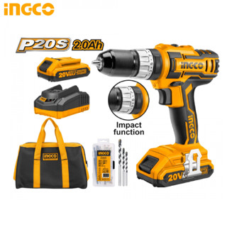 INGCO สว่านกระแทก ไร้สาย 20 โวลท์ (แบต 2 ก้อน + แท่นชาร์จ) รุ่น CIDLI2002 ( Li-ion Impact Drill ) B