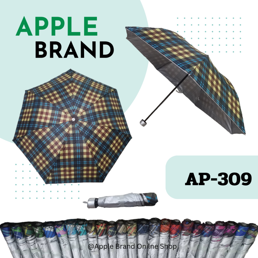 Apple Umbrella ร่มพับ 3ตอน UV โครงเหล็ก ลายสก๊อต ซองพลาสติกมีหูหิ้ว