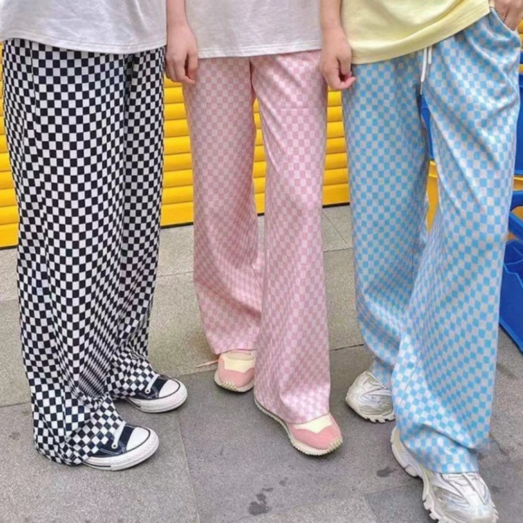 catalog-fashion-กางเกงขายาวลายตารางหมากรุก-3-สี-เอวยางยืดไม่มีกระเป๋าข้าง