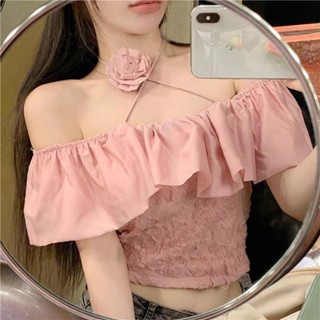 Ey_shop688#พร้อมส่ง937🌺#เสื้อเกาหลีปาดไหล่#เสื้อด้านหน้าแต่งดอกไม้ส่งจาก​ไทย​