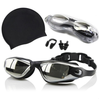 ชุดแว่นตาว่ายน้ำผู้ใหญ่ แว่นตาว่ายน้ำ ผู้หญิงและชาย กรอบแว่นตาขนาดใหญ่ แว่นตา + ที่อุดหู +กันน้ำ  หมวก+คลิปจมูก